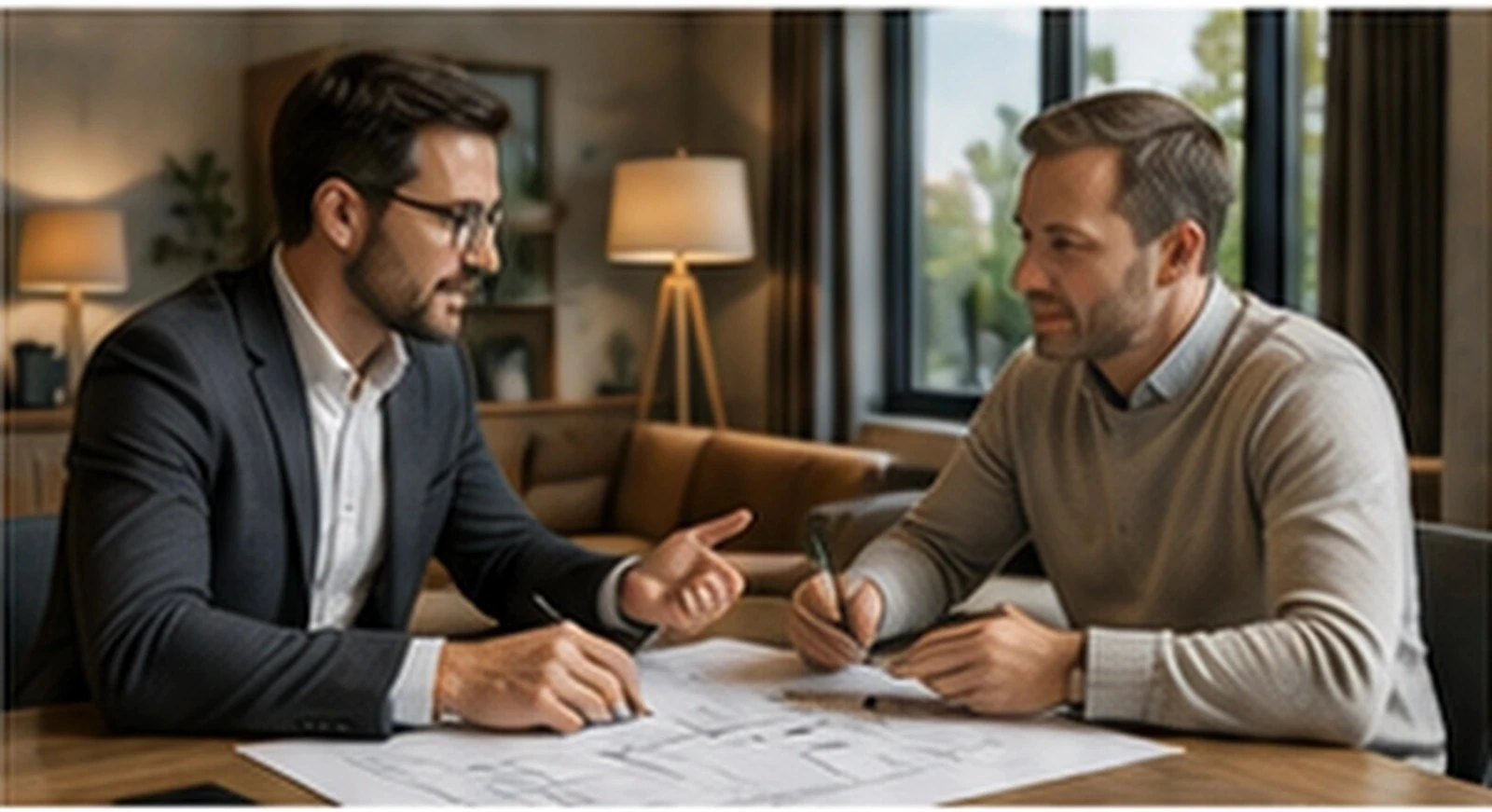 Zwei Männer besprechen Pläne und Unterlagen am Tisch